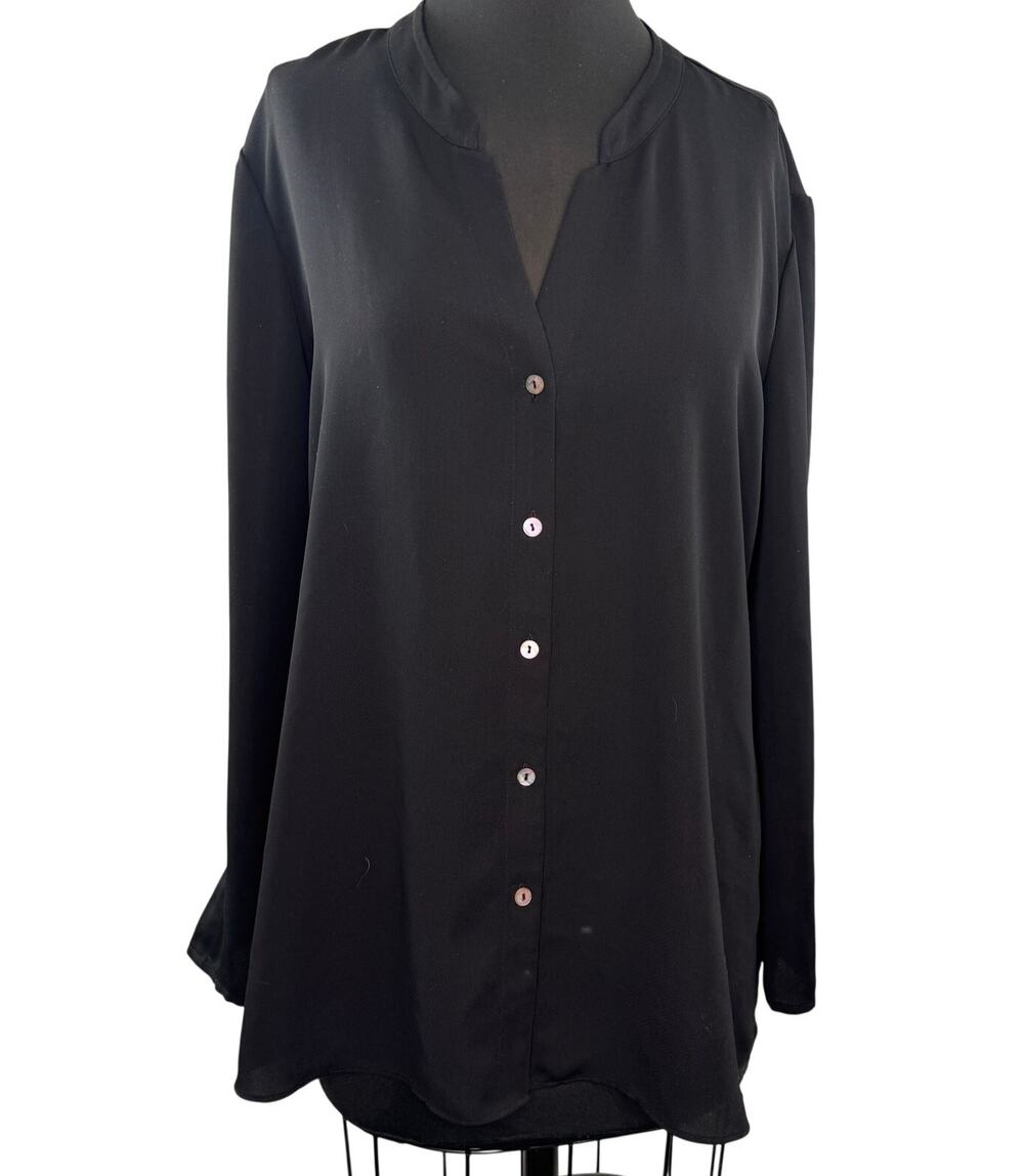 Nic + Zoe Black Blouse Split Neck Curved Hem Casual Button-Up Size X-Large L